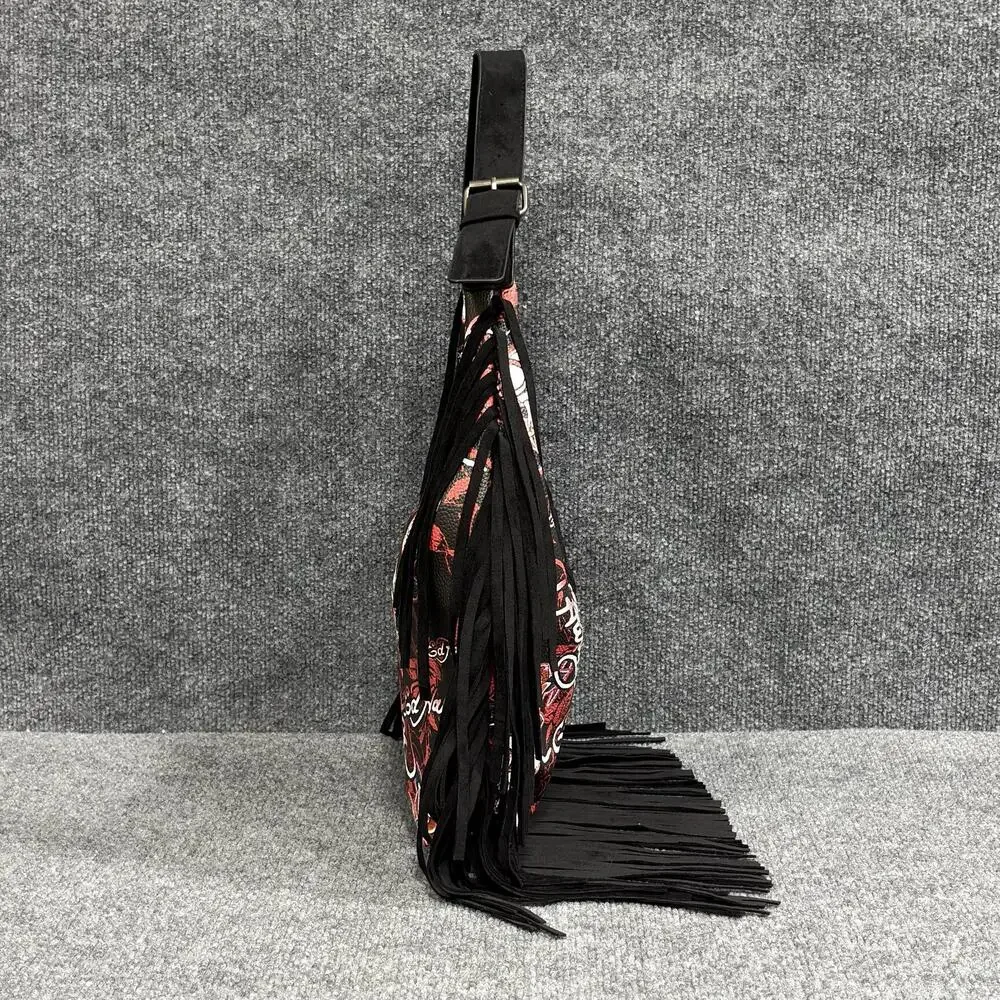 Ed Hardy Hobo Bag Womens Large Red Black Skull Rose Fringe Adjustable Print Y2K